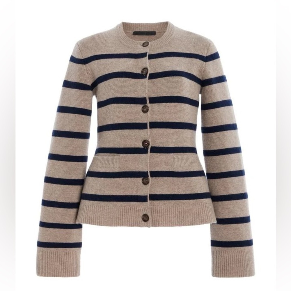 Jenni Kayne Cooper Button Wool Cashmere Knit Cardigan Sweater Taupe Navy Stripe - Picture 9 of 11